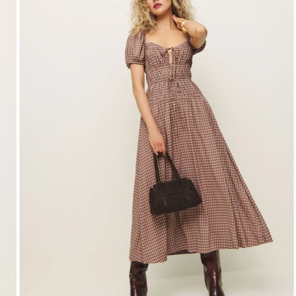 Reformation Rhett Brown Gingham Maxi Dress